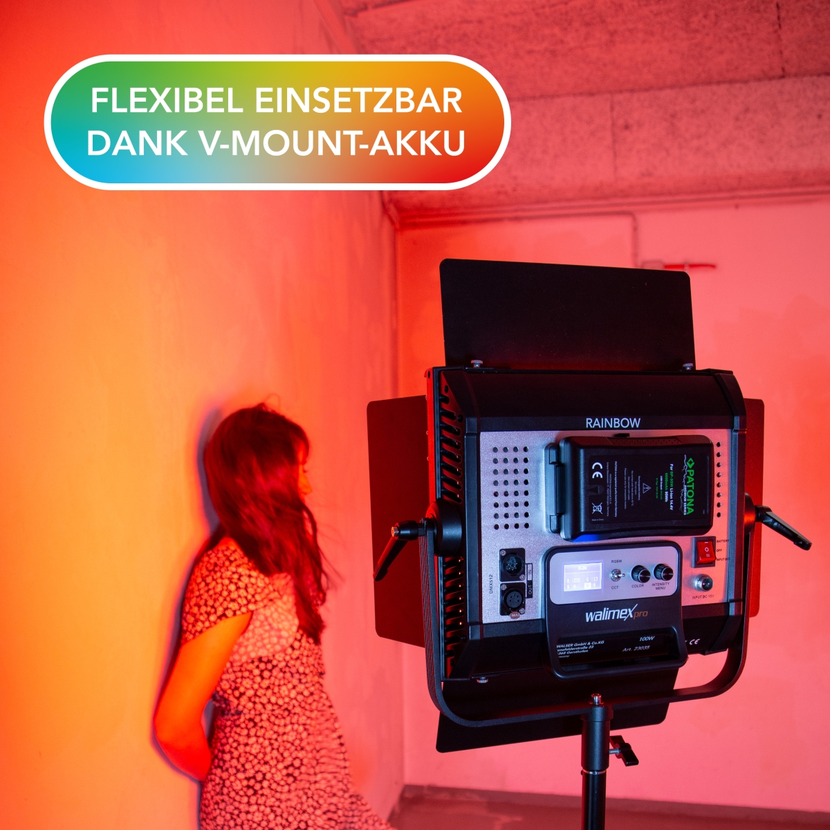 Walimex pro LED Rainbow 50W RGBWW Set 4 (2x Rainbow 50W, 2x Lampenstativ GN-806, 2x V-Mount Akku 6.600mAh, 1x V-Mount Ladegerät)