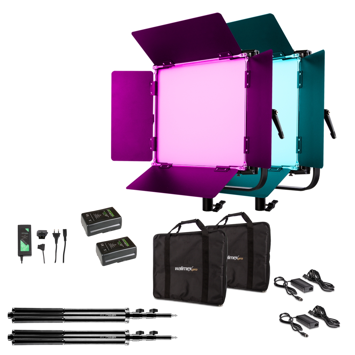 Walimex pro LED Rainbow 50W RGBWW Set 4 (2x Rainbow 50W, 2x Lampenstativ GN-806, 2x V-Mount Akku 6.600mAh, 1x V-Mount Ladegerät)