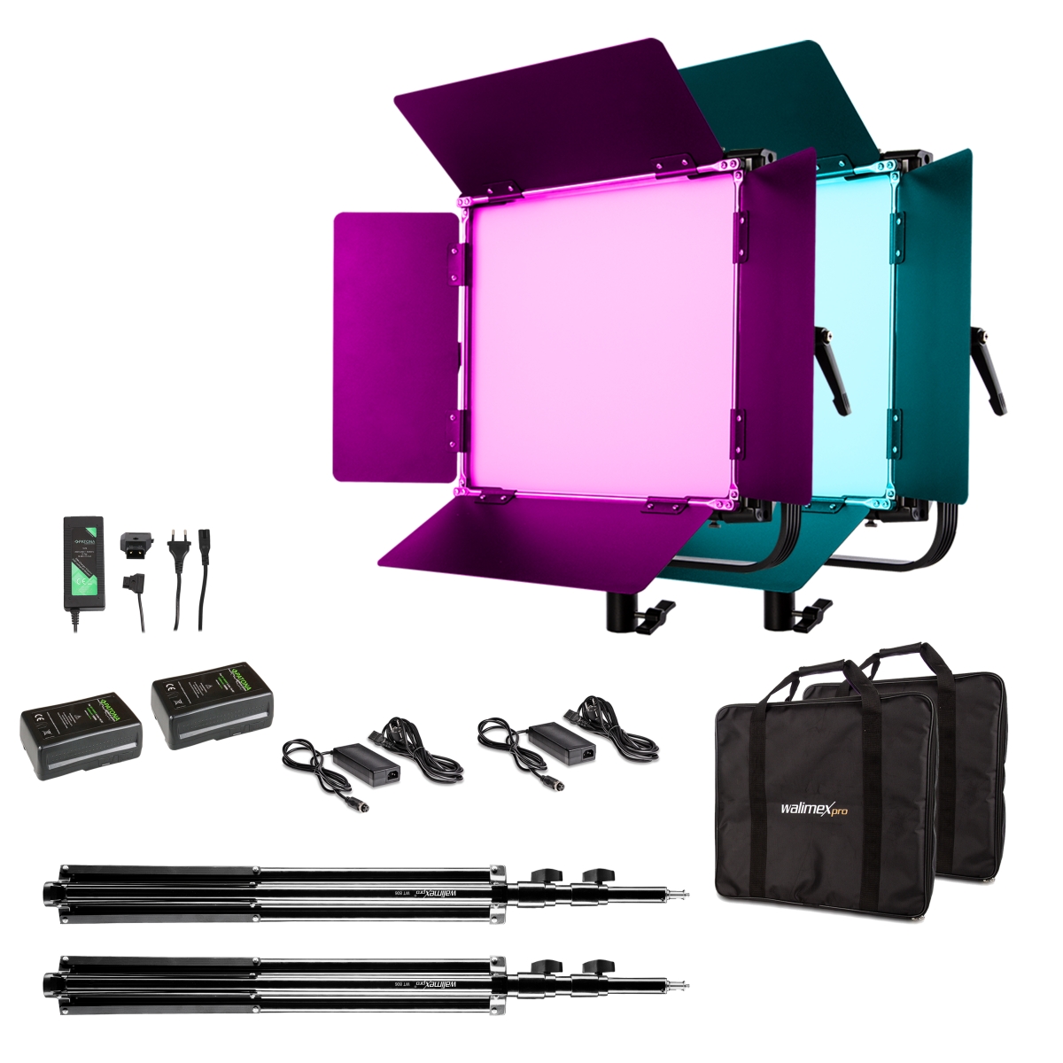 Walimex pro LED Rainbow 100W RGBWW Set 4 (2x Rainbow 100W, 2x Lampenstativ GN-806, 2x V-Mount Akku 13.200mAh, 1x V-Mount Ladegerät)