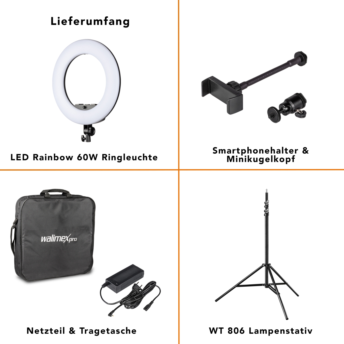 Walimex pro LED Rainbow 60W RGBW Ringleuchte Set 1