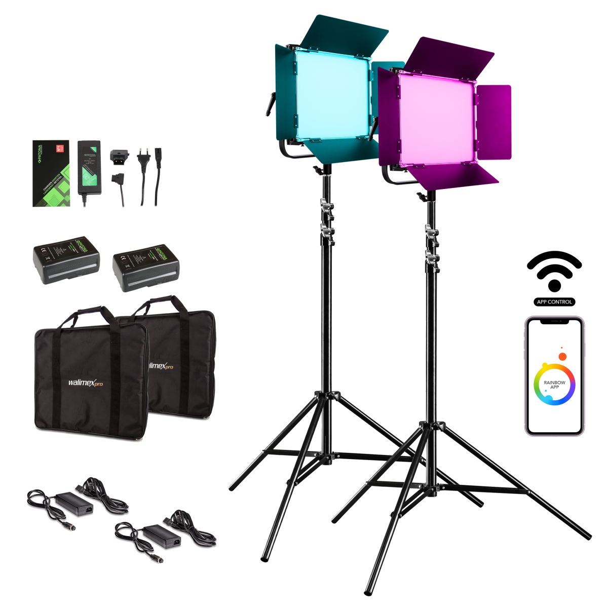 Walimex pro LED Rainbow 100W RGBWW Set 4 (2x Rainbow 100W, 2x Lampenstativ GN-806, 2x V-Mount Akku 13.200mAh, 1x V-Mount Ladegerät)