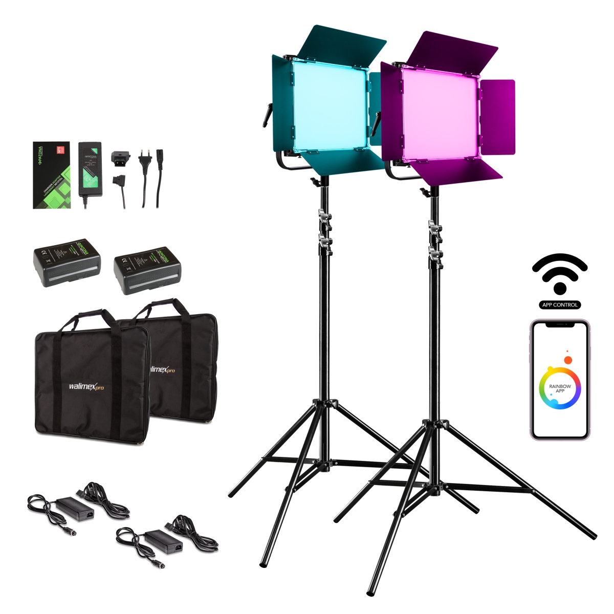 Walimex pro LED Rainbow 50W RGBWW Set 4 (2x Rainbow 50W, 2x Lampenstativ GN-806, 2x V-Mount Akku 6.600mAh, 1x V-Mount Ladegerät)