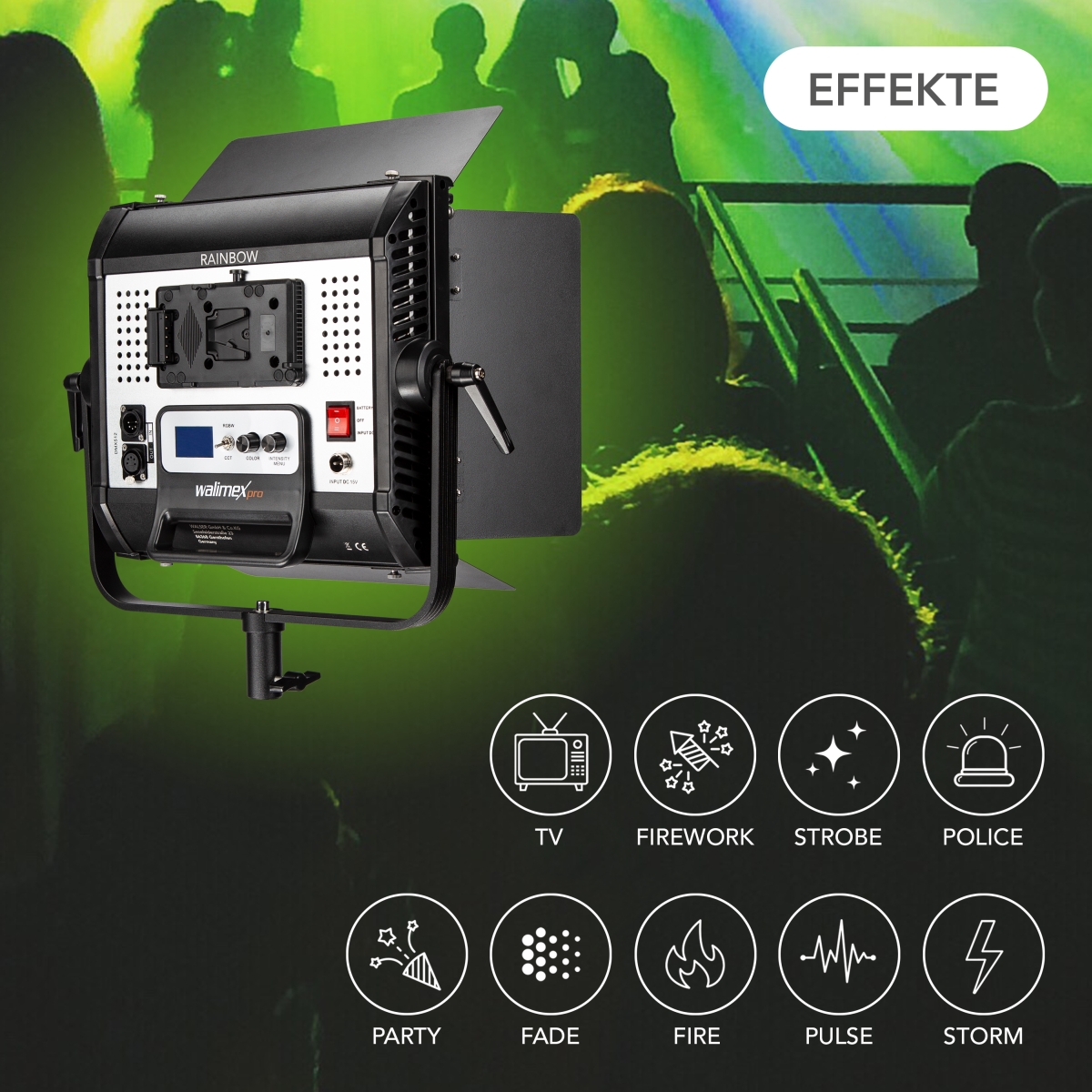 Walimex pro LED Rainbow 50W RGBWW Set 4 (2x Rainbow 50W, 2x Lampenstativ GN-806, 2x V-Mount Akku 6.600mAh, 1x V-Mount Ladegerät)